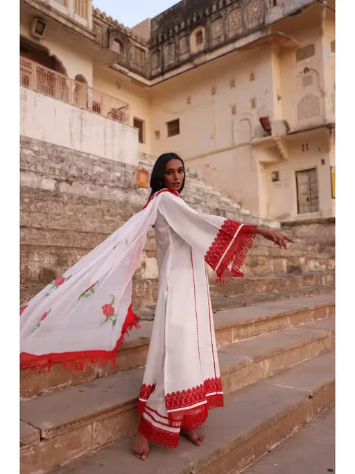White & Red Oorja Pakistani Kurta with Wide Pants & Dupatta