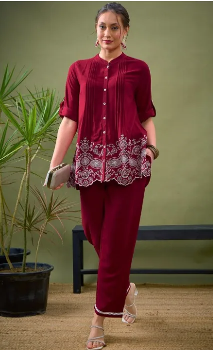 Maroon Embroidered Shirt with Palazzo Co-ord Set