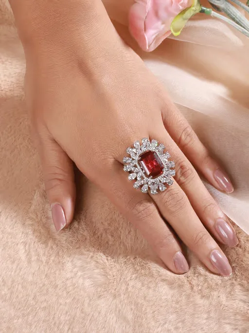 Red CZ Studded Designer Adjustable Cocktail Finger Ring