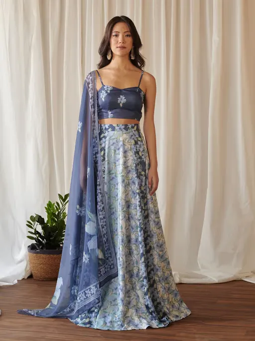 Women Blended Fabric Floral Blue Lehenga with Choli and Dupatta