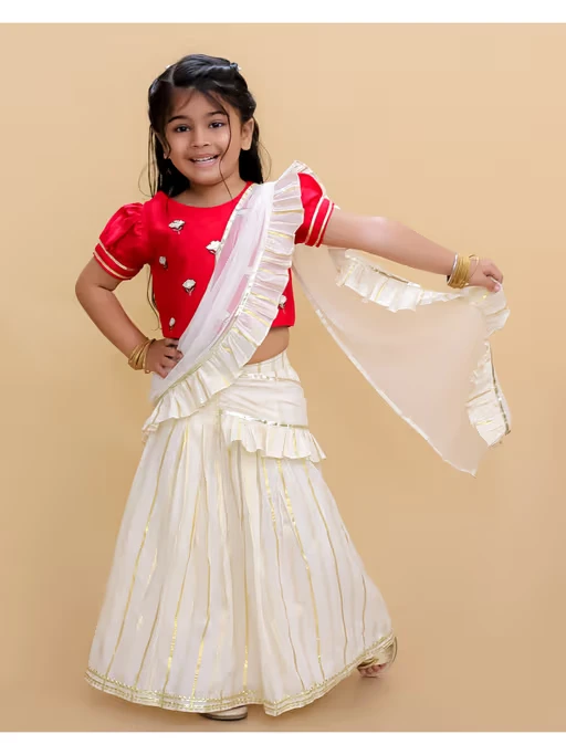 Girls Red & White Festive Lehenga Choli with Dupatta