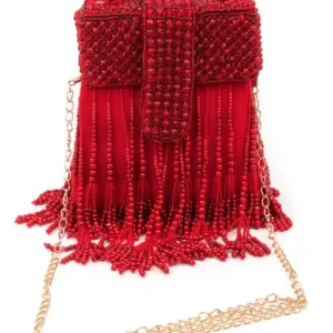 Red Beaded Clutch Bag with Tassels